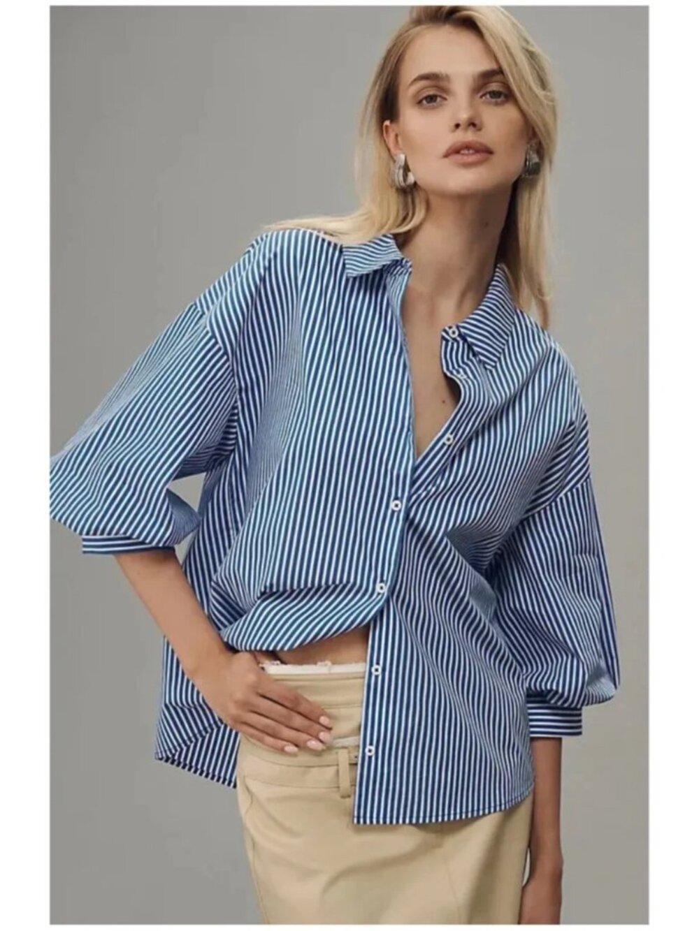 English Factory Striped Balloon Sleeve Shirt in Indigo Size S Preppy Chic